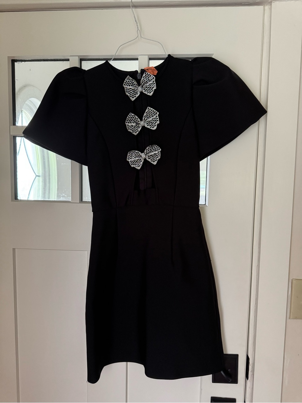 Black Puff-Sleeve Mini Dress with Bow Accents - Picture 2 of 2